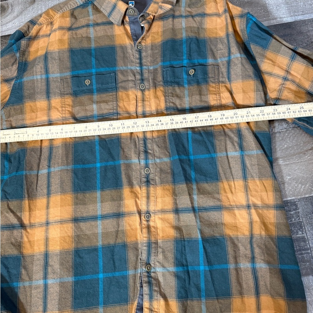Kuhl Plaid Flannel Shirt XXL Outdoor Hiking Button Up Tan Blue Performance Shirt - Picture 5 of 7